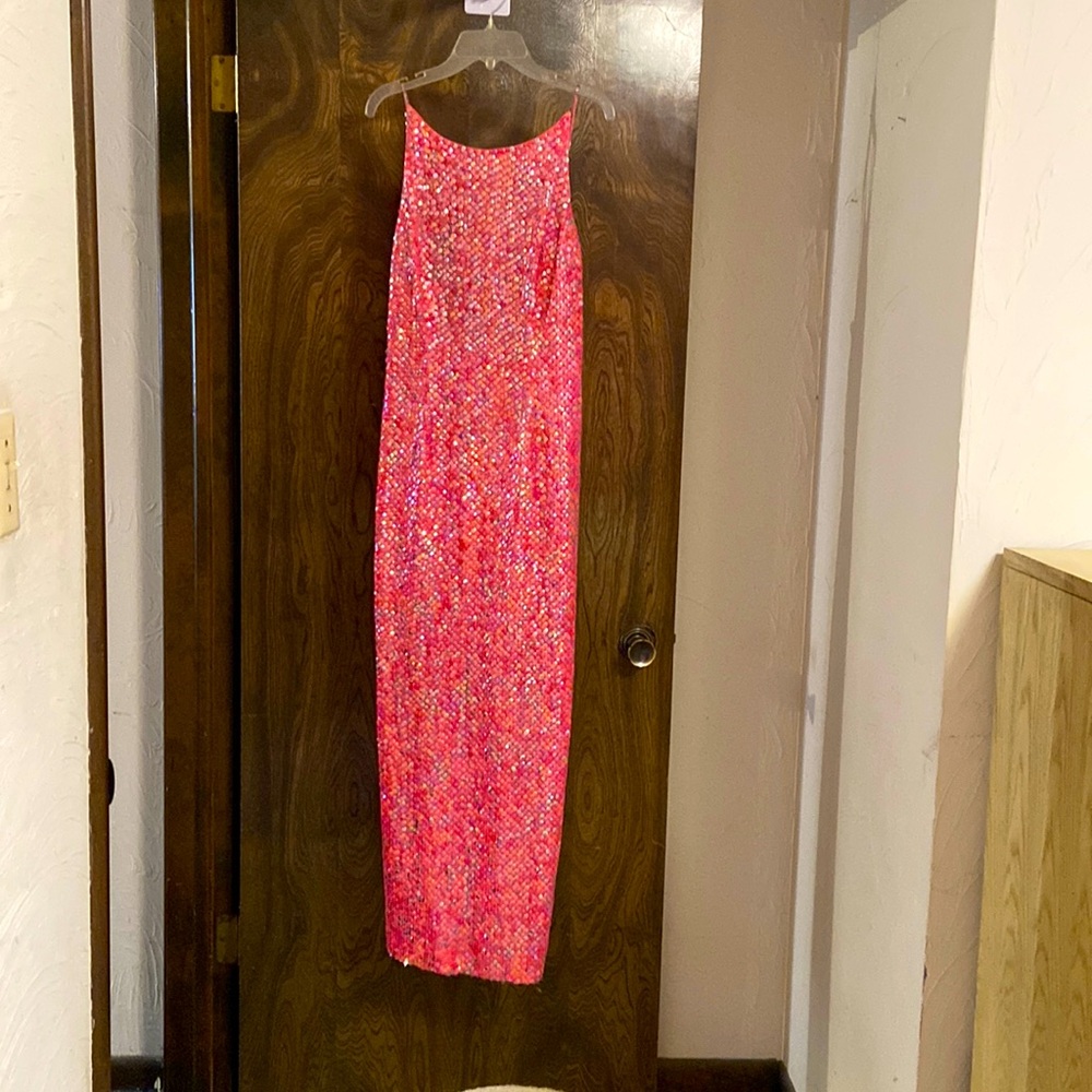 Absolutely a stunning long formal dress. Pink, multicolored sequins